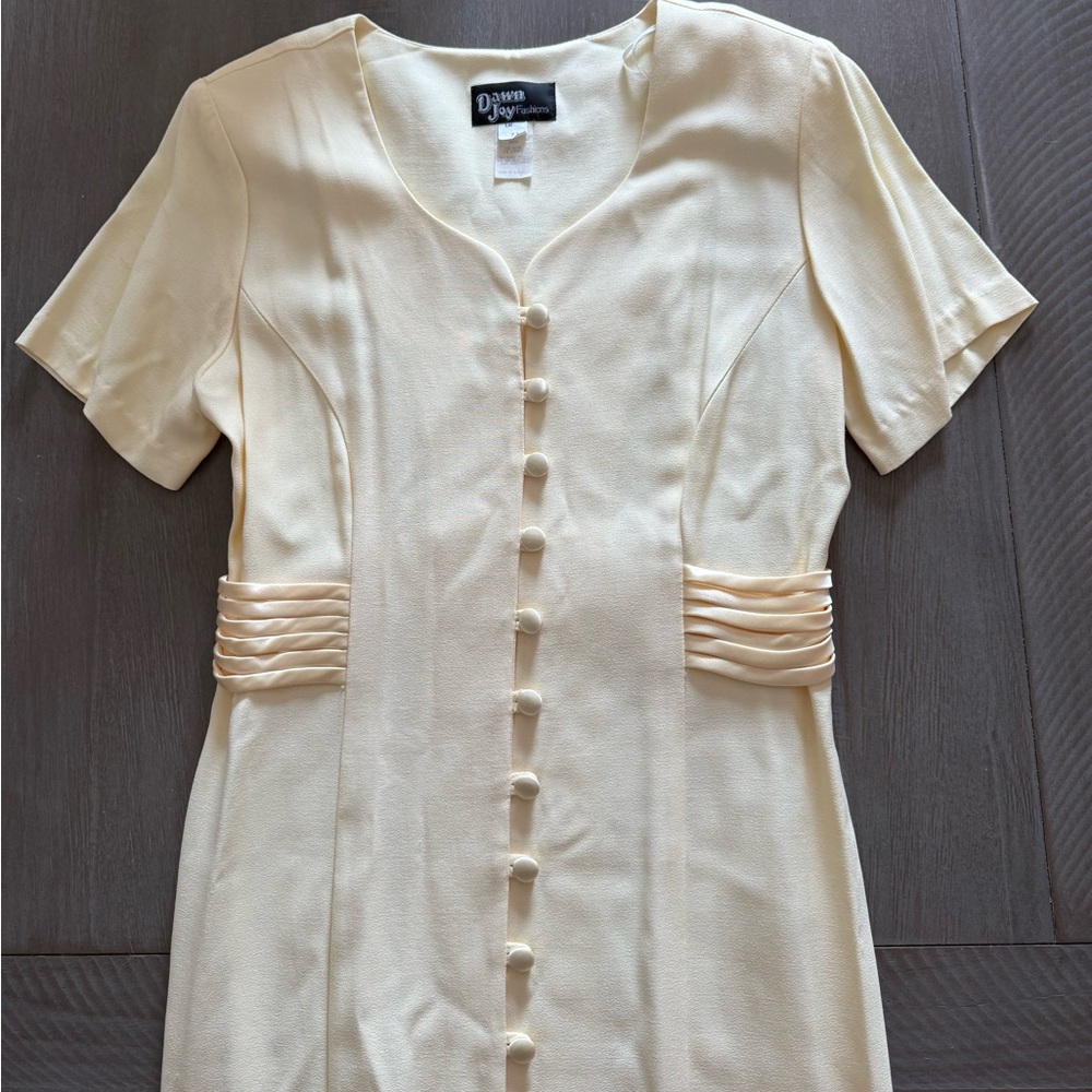 Vintage Yellow Midi Dress- shoulder pads, dawn joy fashions, button detail